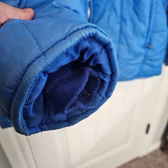 Vintage Jcpenny Puff Coat Men XL Blue Hooded 80s Thick Warm Winter Utility Retro - Picture 9 of 16